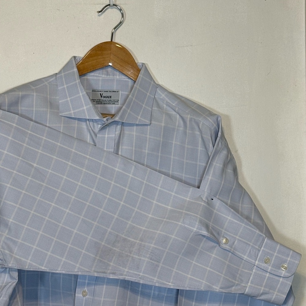 Vintage Hong Kong Vogue Light Blue & White Windowpane Dress Shirt Size 2XLT